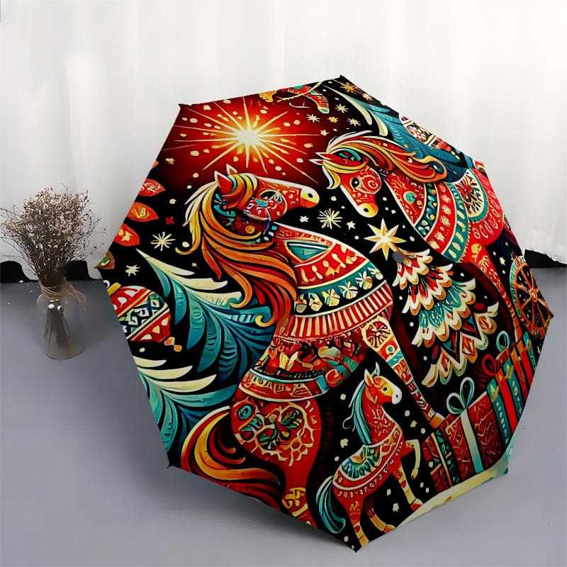 1pc Christmas Horse Decorative Automatic Opening Folding Umbrella with 8-Rib Iron Frame, Suitable for Fans, Travel, Daily Use, Gift for Outdoor Enthus