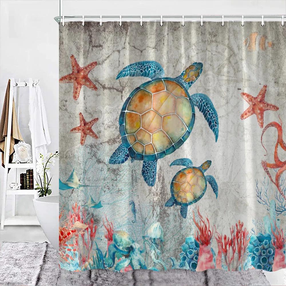 Sea Turtle Theme Shower Curtain Set Wooden Board Coral Water Plants Bubble Sea Life Bathroom Curtain Fabric Decor Washable Hooks