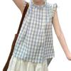 Women's Sleeveless Shirt Korean Version Loose Round Neck Plaid Pleated Famale Shirts Summer Daily Comfortable Sweet Beauty Style Ladies Top