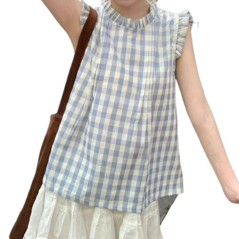 Women's Sleeveless Shirt Korean Version Loose Round Neck Plaid Pleated Famale Shirts Summer Daily Comfortable Sweet Beauty Style Ladies Top