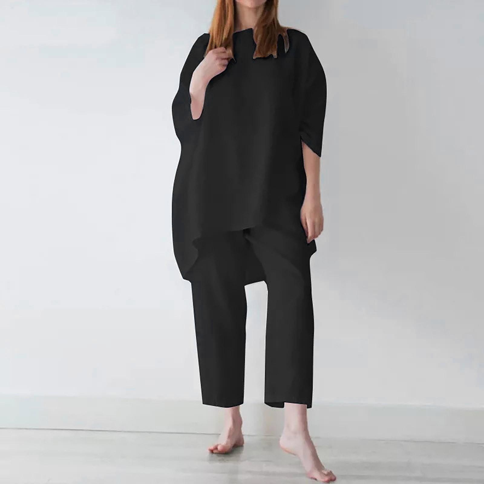 

Women s Casual Loose Wide Leg Pants Color Cotton Linen Pants Two Sets XL чорний