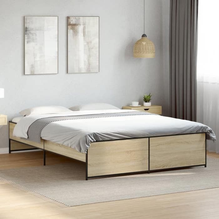 VidaXL Bed Frames Sonoma Oak 140x200 Cm Engineered Wood and Metal, Bed, Guest Bed, Double Bed, Bedroom Furniture At 3279888