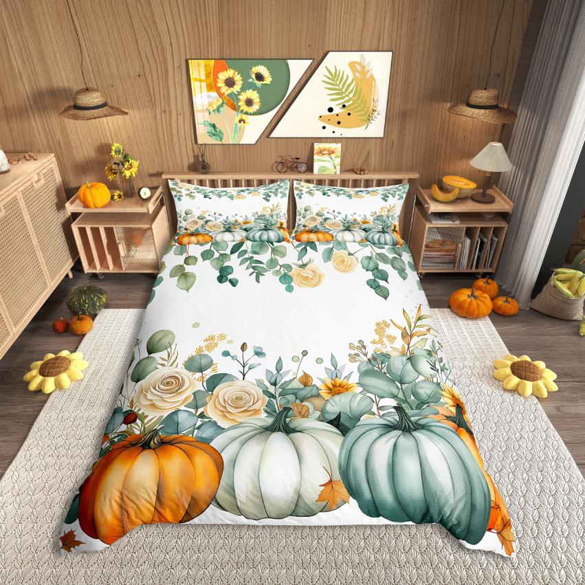 Homewish Rustic Flower Maples Duvet Cover SetAutumn Harvest Pumpkin Comforter Cover SetBrown Pine Cone Bed Set For Girls