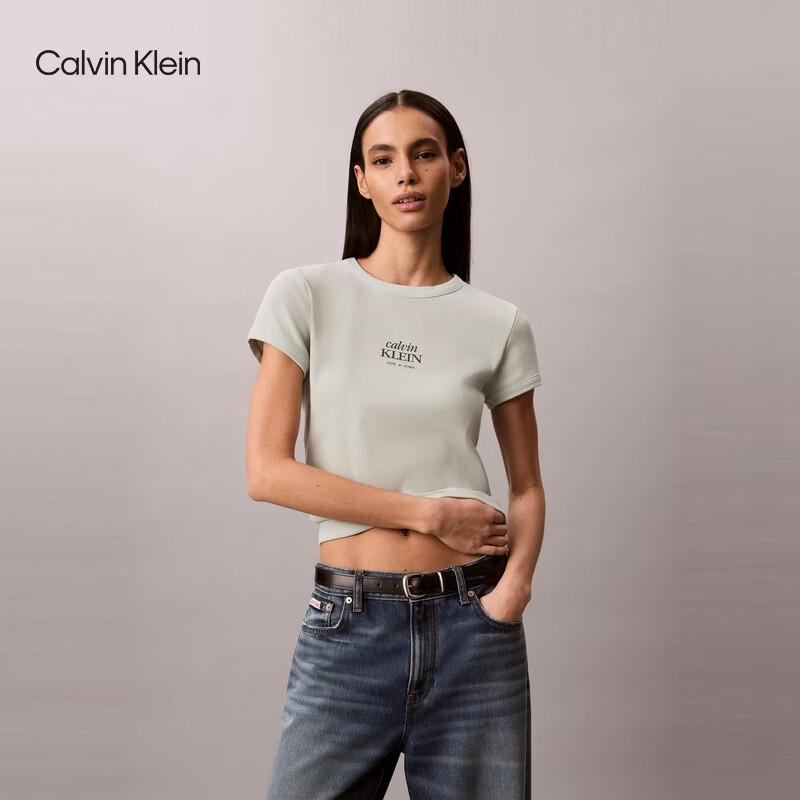 Calvin Klein Jeans Women s CK Logo Ribbed Slim Fit Tee S