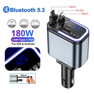 5 In 1 180W Car Charger Retractable Bluetooth 5.3 FM Transmitter Handsfree Call U-disk Aux LED Light for iPhone Samsung Huawei