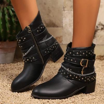 Fashion Shoes Female 2024 Plus Size Ankle Women's Boots Retro Modern Boots Women Rivet Chain Belt Buckle Side Zip Med Heel Shoes Women