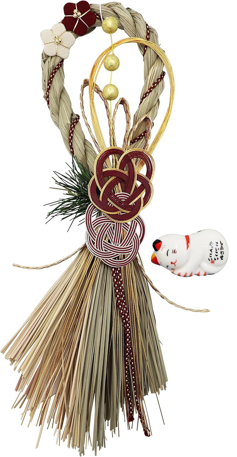 

Осака Чосейдо Новое украшение для симэнава Современный и стильный венок симэкадзари примерно 24 см включает подставку для палочек в виде манящего кота