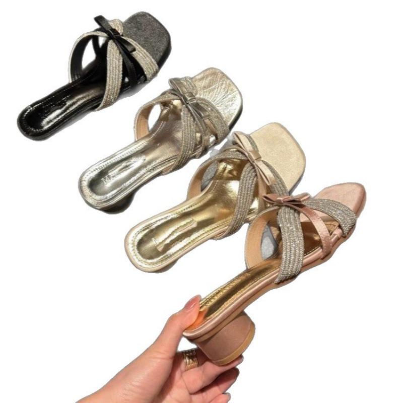 Slippers Women's Summer New Rhinestone Bow Thick Heel Sandals Square Head Open-toed Versatile Fashion High Heels