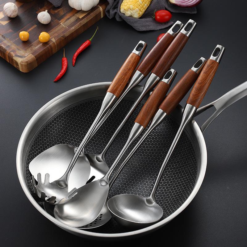 Solid Rosewood & 304 Stainless Steel Kitchen Utensil Set: Soup Ladle, Skimmer, Slotted Spoon, Frying Spatula, Strainer.