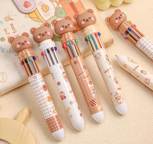 Bear 10 Color Ballpoint Pen, Cute Cartoon Push Button Multicolor Pen, Student School Supplies for Writing Drawing Gift for Kids
