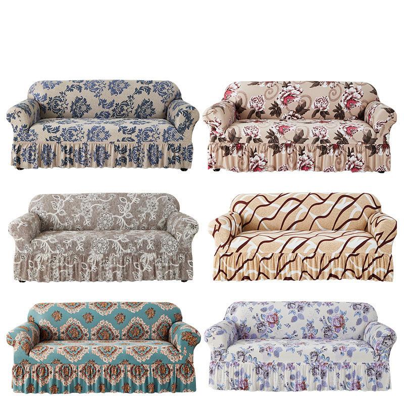 Floral Printed Elastic Sofa Cover With Skirt Hem Non-Slip Seat Cushion With Elastic Band All-Cover Couch Covers For All Seasons