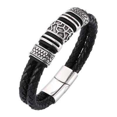 Pulsera de Cuero Trenzado Genuino para Hombre con Charm Pulseras de Acero Inoxidable Joyería de Moda Regalo Masculino