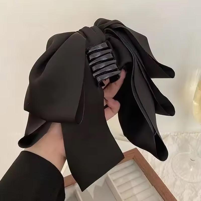 

1 шт. Новая французская элегантная атласная черная повязка для волос с большим бантом, высокая лобная, для мытья волос, с морщинками