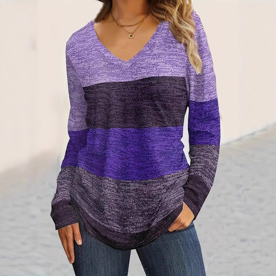 

Модные и повседневные женские футболки с длинным рукавом и V-образным вырезом с цветными блоками 6XL