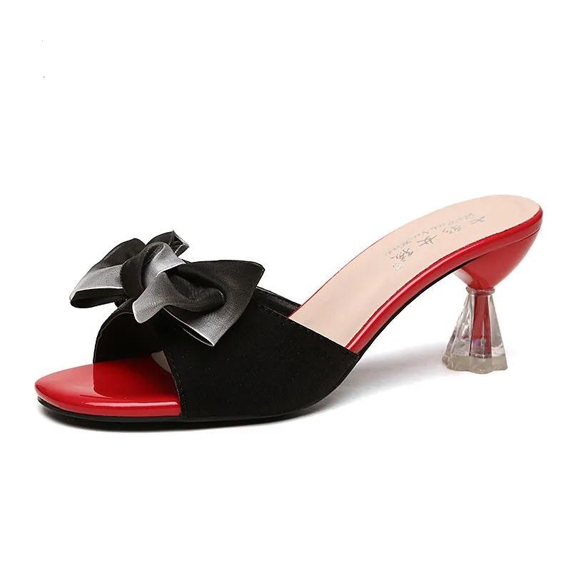 Women's Bowknot High Heel Mule Sandals Round Open Toe Low Heel Summer Slippers Comfortable Casual Dress Pump Shoes Chunky Block Heeled Backless Slides