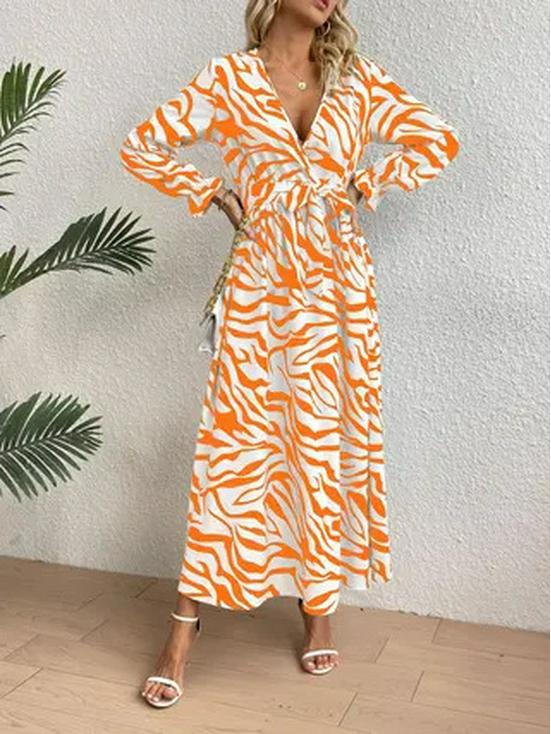Zebra Print V-Neck Midi Dress - Elegant, Waist-Hugging, Long Sleeve, Autumn Fashion