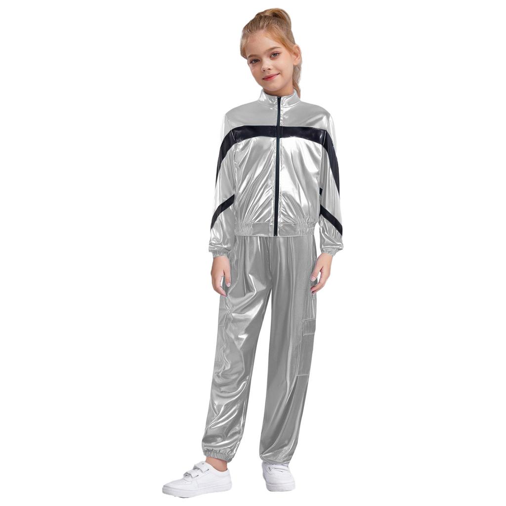Mädchen Tanzjacke Mode Kontrastfarbe Langarm Stehkragen Metallischer Reißverschluss mit glänzendem Hosen-Set