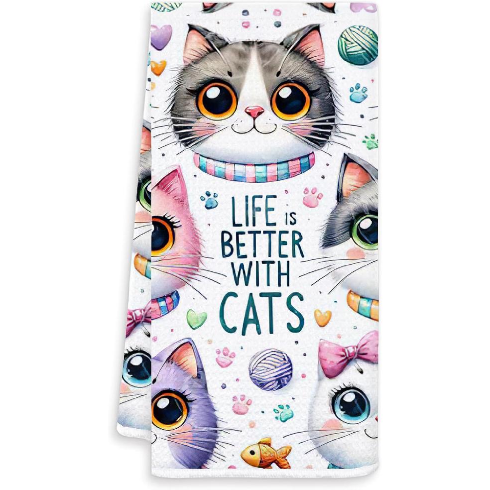 Orange Cat Kitchen Towels, Orange Cat Gifts for Lovers Women Hand Towels for Bathroom Decor, Funny Kitty Wearing Headphones Decorative Dish Tea White-cute Cat