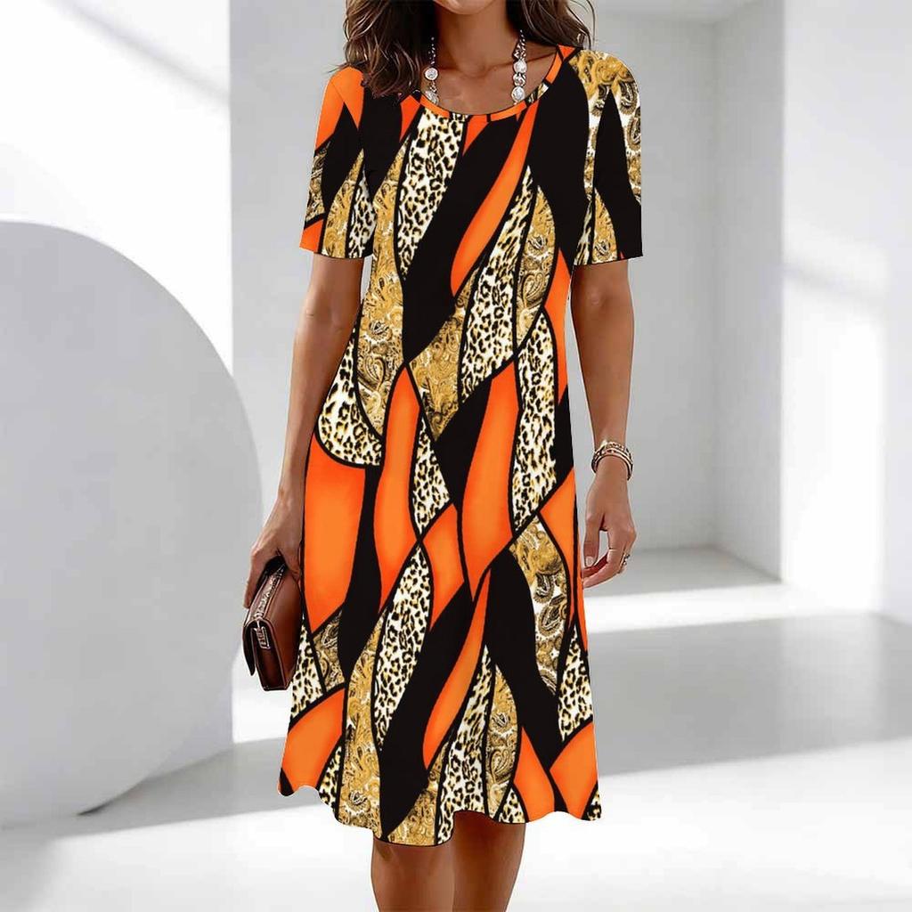 Ladies Loose Round Neck Short Sleeve Dress Multicolor Floral Print For City Street Stroll