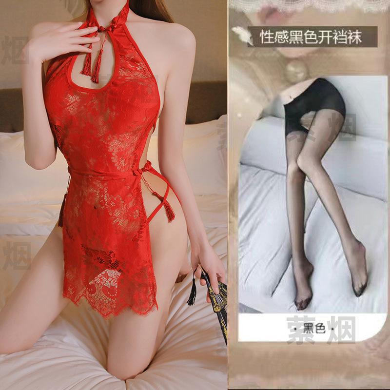 Sexy lingerie cheongsam hot slim uniform seduction flirting bed passion midnight backless jacquard nightdress