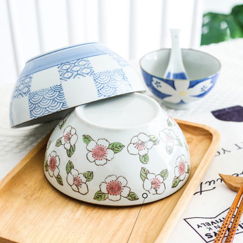 6.5 Inch Porcelain Ramen Bowl Ceramic Noodle Bowl Flower Design Soup Rice Bowl Microwave Safe 800ml
