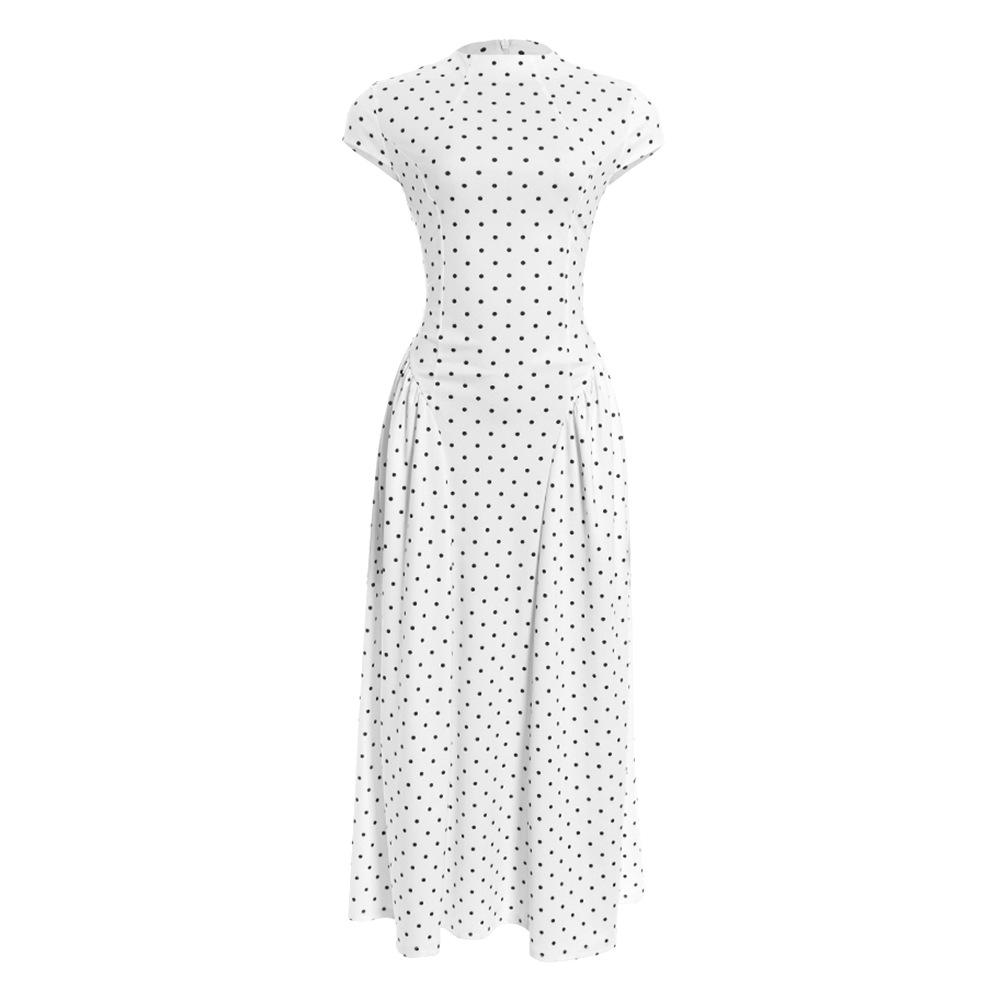 Women's Crew Neck Polka Dot Printed Maxi Dress Vintage Waist Defined