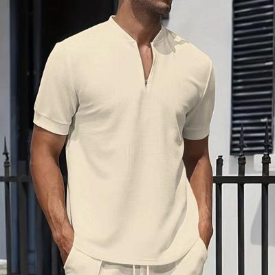 Men's Summer Autumn Waffle Polo Shirt Zipper Stand Up Collar Solid Color Short Sleeved T-shirt