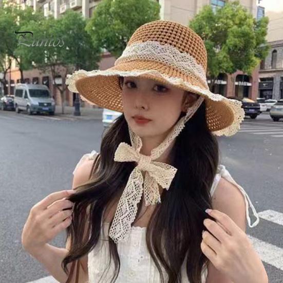 Sonnenhut aus Stroh mit breiter Krempe, gestrickter Fischerhut aus hohlem Stroh mit Spitzenbandverzierung, Sommer-Strandhut für Wanderausflüge und Reisen