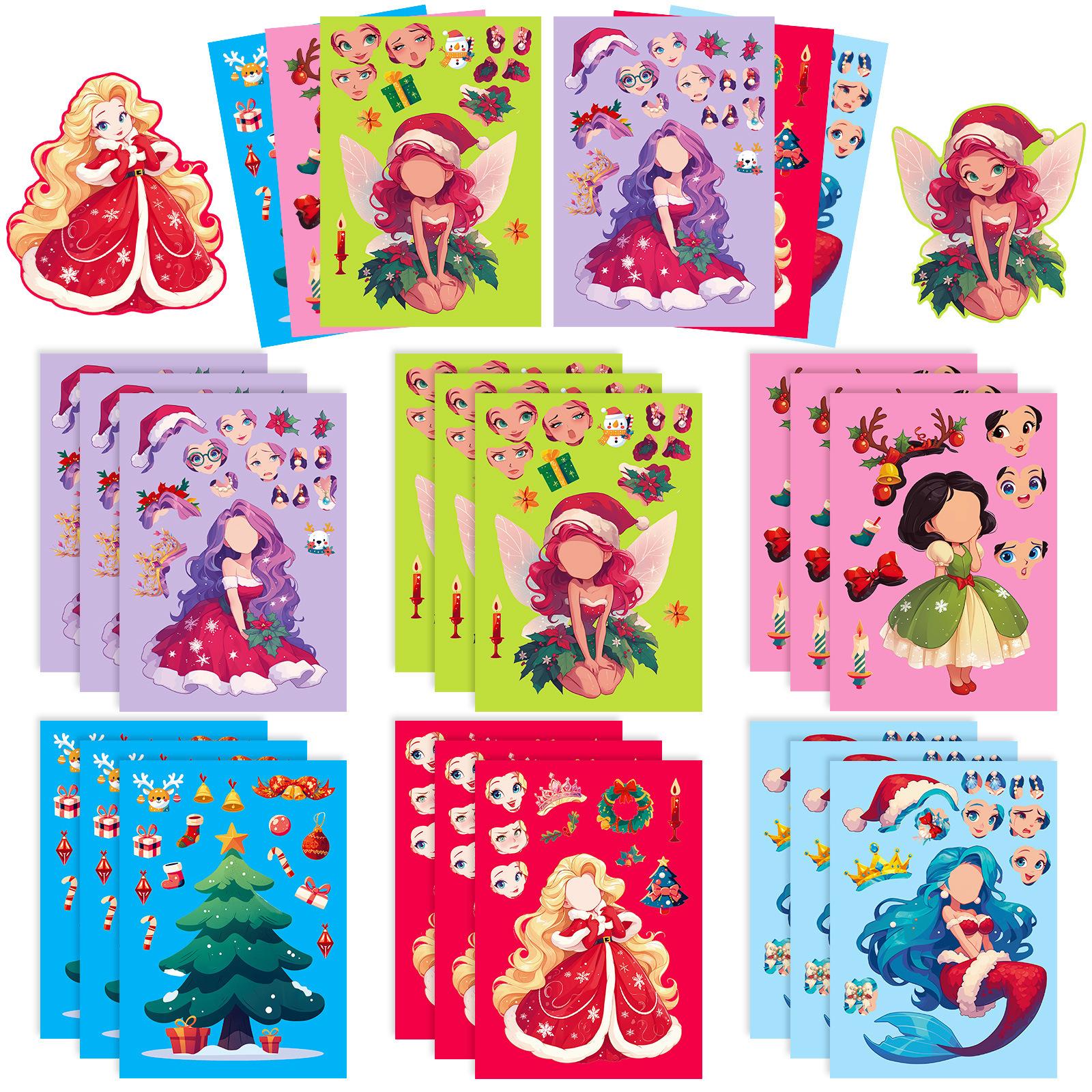 

6 штук/упаковка Рождественская серия принцесс Наклейки-пазлы с меняющимся лицом Дудл Русалка Эльф DIY Декоративные наклейки Бумага