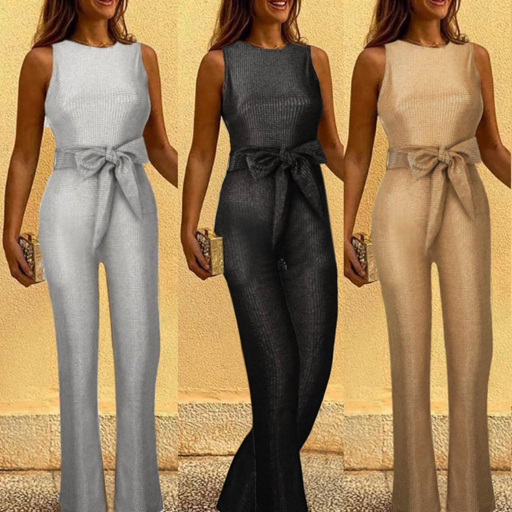 Fashion Women Summer Solid Casual Sleeveless Strapless Broad-Legged Jumpsuit