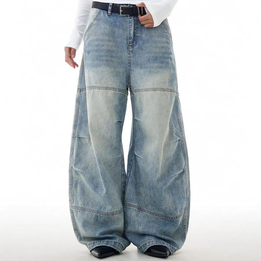 Retro straight ripped American versatile wide-leg pants long feel loose and old design jeans men's summer washing