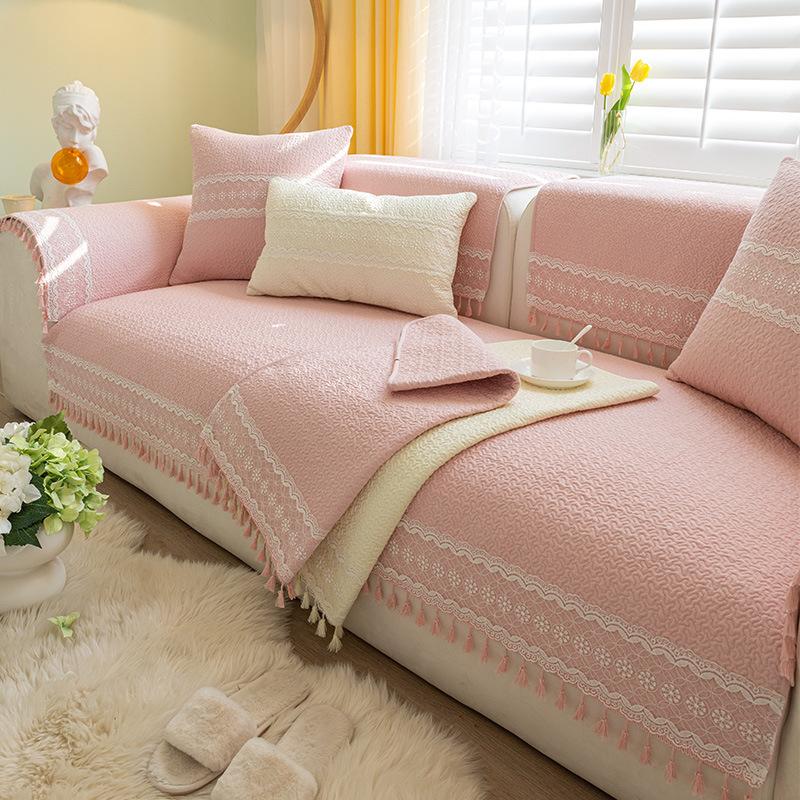 Cotton Pink Sofa Cushion for All Seasons, Non-slip Cushion, Simple Sofa Cover, Backrest Towel, Full Cover Cloth