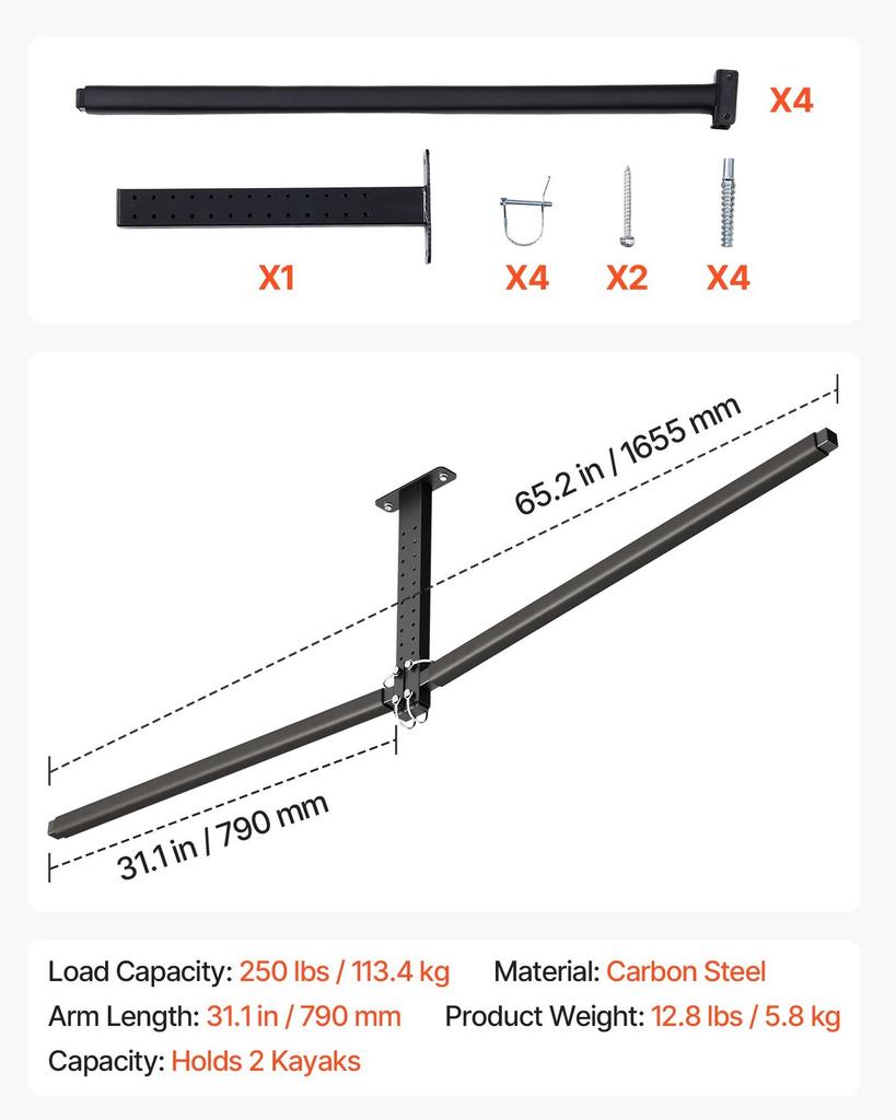Kayak Storage Rack for 2 Kayaks, Holds Up to 113.4 kg, Heavy Duty Adjustable Ceiling Rack for Garage Ceiling Mount, Overhead Garage Storage Hanger for