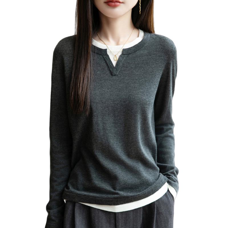 Women's 2025 Autumn/Winter Round Neck Two-Piece Look Wool Knit Long Sleeve Versatile Pullover Sweater Top