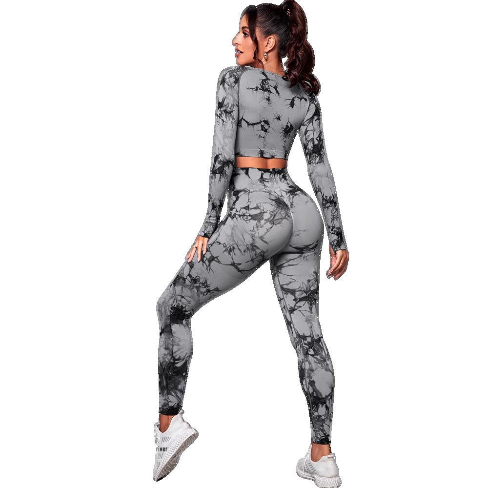Women's Seamless Tie-Dye Yoga Set: High-Waist Tummy Control Pants & Long Sleeve Top