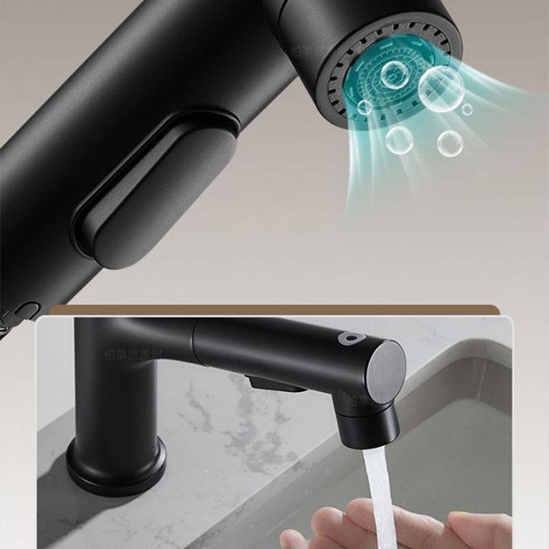 Black/Silver Bathroom Faucet with Pull-Down Sprayer, Hot and Cold Water Mixer Water Tap, Ceramic Cartridge & Brass Material