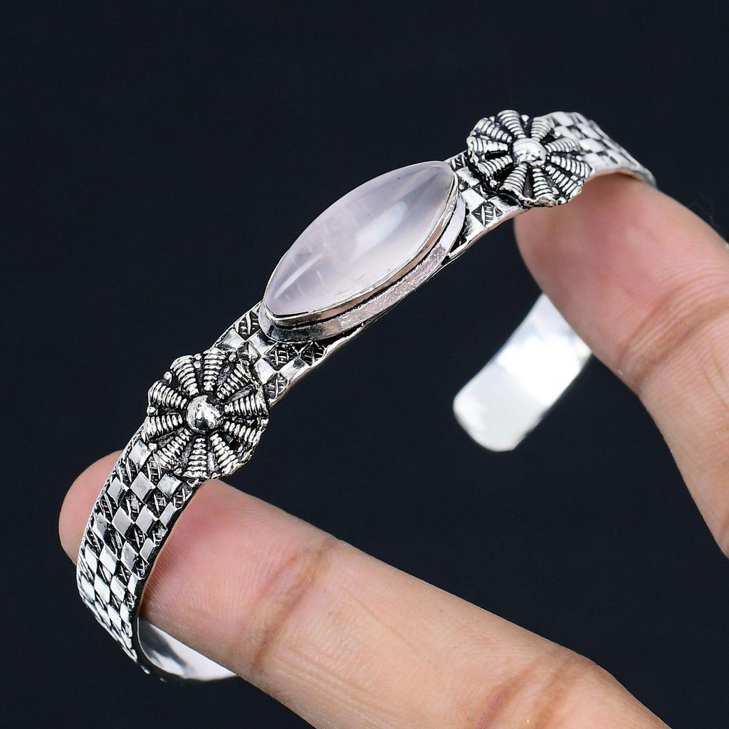 Natural Rose Quartz Gemstone Bangle Adjustable 925 Sterling Silver For Girls