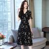 Women's Black Floral Chiffon Mid Length Dress V Neck Ruffle Short Sleeve A Line Dress High Waist Flowing Casual Dress Suitable for Work and Dating