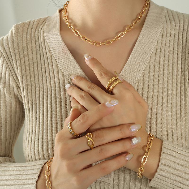 Brushed Thick Chain Stacked Necklace Personalized Trend Bracelet Titanium Steel Gold-Plated Simple Niche Jewelry Set