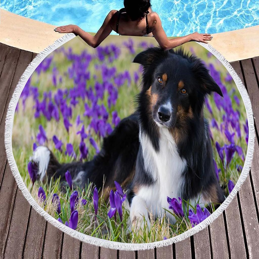 Border Collie Round Beach Towels,Dog Greeting Its Owner Among Flowers Sand Free Absorbent Beach Blanket Bath Towels Picnic Mat