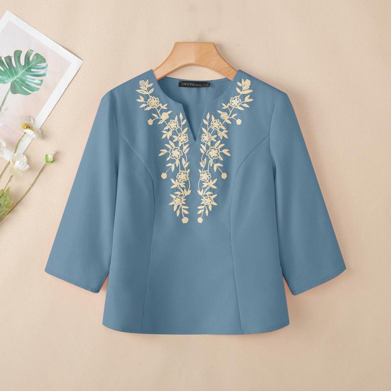 ZANZEA Women Casual Embroidery V-Neck Loose 3/4 Sleeve Blouse
