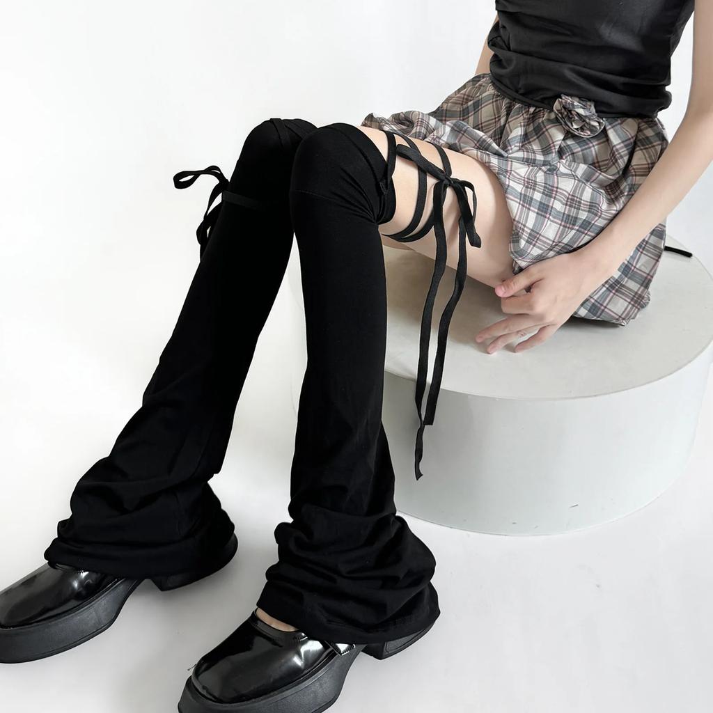 Y2k Women Leg Warmer Soft Solid Color Over The Knee Tie-up Thigh-high Leg Warmers Socks for Party Street