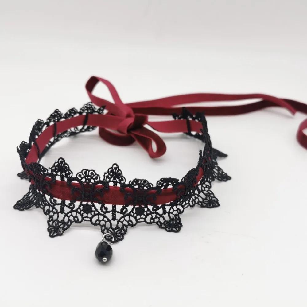 Charm Retro Black Lace Wine Red Velvet Tie Choker Black Teardrop Tassel Necklace for Women Christmas Neck Ornaments Jewelry Gift