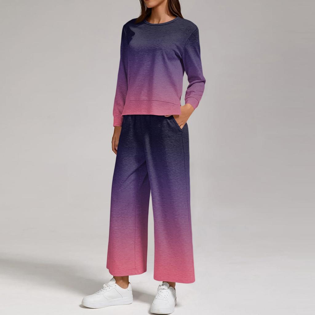 Women's Fashion Round Neck Loose Fit Printed Sweatshirt and Jogger Pants Set with Side Split Hem