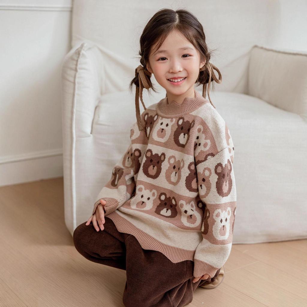 Girls' Wave Collar Cartoon Knit Pullover Sweater