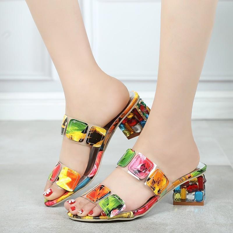 Women's Colorful Chunky Heeled Sandals Rhinestone Decor Slip On Open Toe Mid Heels Stylish Daily Wear Sandals