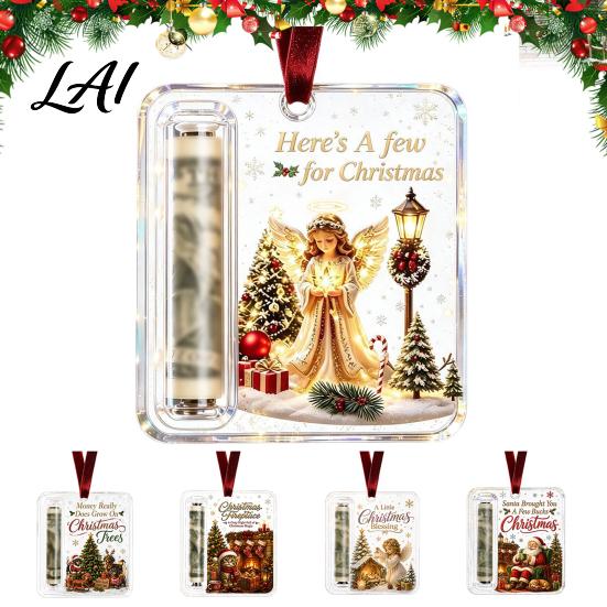 Holiday Cash Holder Christmas Gift Ornament Acrylic Angel Santa Cat Money Clear for Xmas Tree Party Hanging Decoration with Lanyard
