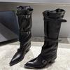 Cowhide Version Pointed Pile Boots Niche Design Retro Western Cowboy Boots Thick Heel Hot Girl Fashion Sense Long Boots Women