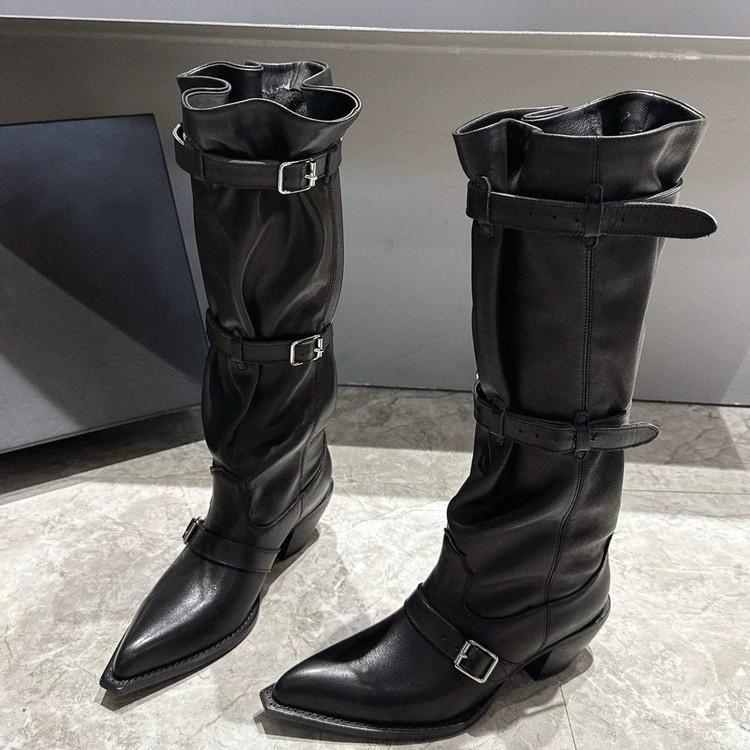 Cowhide Version Pointed Pile Boots Niche Design Retro Western Cowboy Boots Thick Heel Hot Girl Fashion Sense Long Boots Women