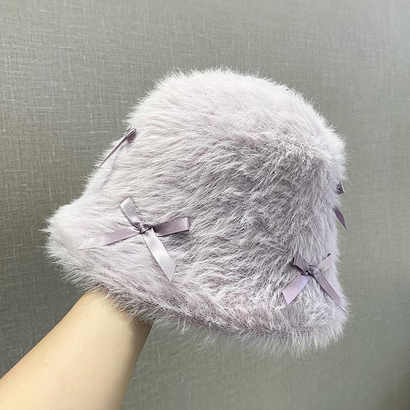Rabbit Fur Bow Plush Bucket Hat Female Autumn and Winter Big Head Circumference Showing Face Small White Bucket Hat Warm Hat Tide